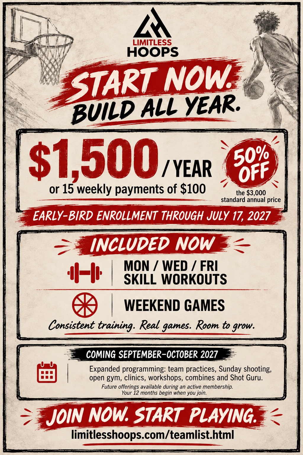 Early-bird annual membership: $1,500 or 15 weekly payments of $100, through July 17, 2027. Includes Monday, Wednesday and Friday workouts and weekend games now. Expanded programming comes in fall 2027.
