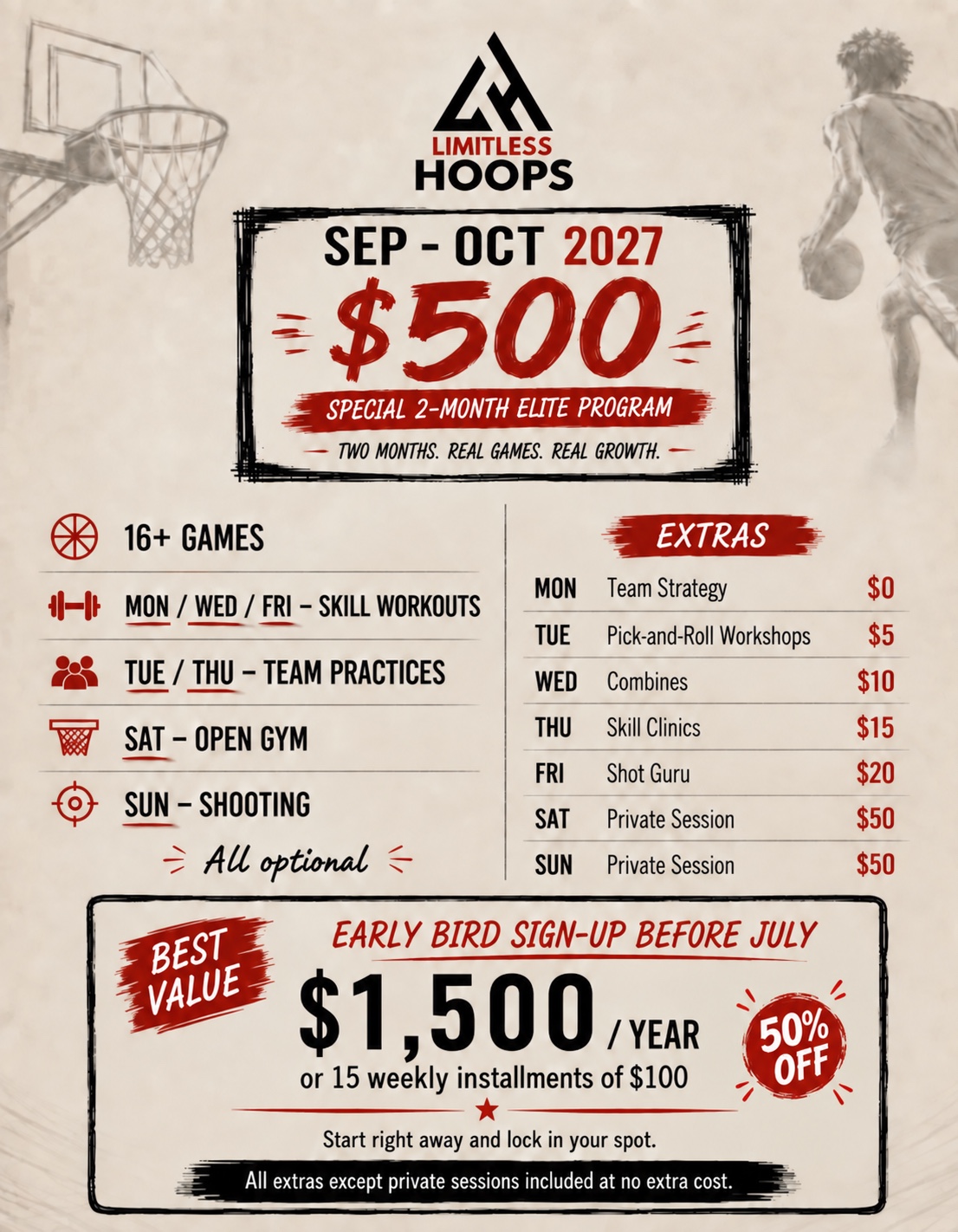 Original September–October 2027 program preview, with games, workouts, team practices and optional extras. See the updated July 17, 2027 early-bird deadline above.